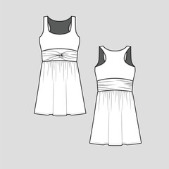 Twisted Racer Back Dress Sleeveless crew neck front twisted waist detail  panel peplum  fashion clothing flat sketch technical drawing template design vector