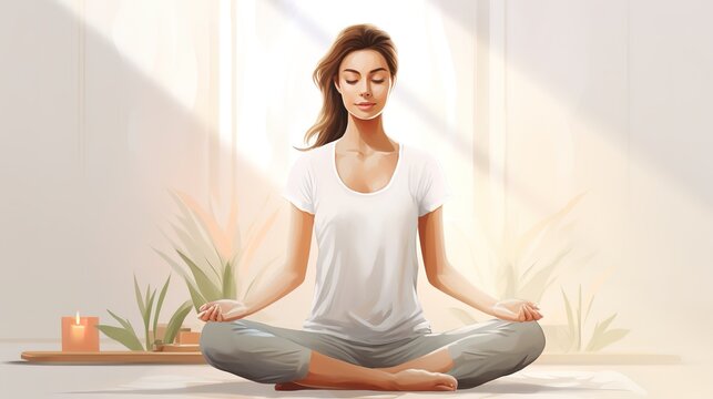 flat illustration, woman serene meditation in a minimalist setting, person in white practicing mindfulness.