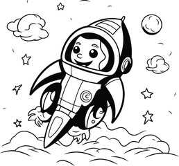 Black and White Cartoon Illustration of Cute Little Baby Astronaut Character Flying in the Space Ship