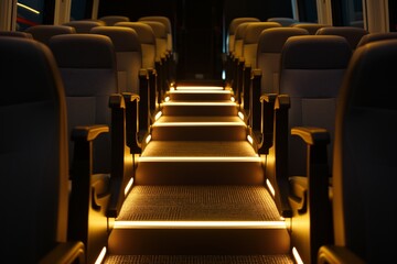 aisle view with backlit seats and led step lights