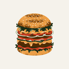 Tasty burger illustration. Hamburger with onions and tomatoes. Vector illustration