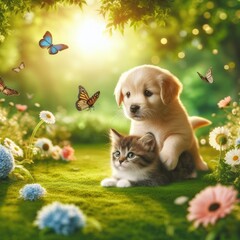 Fototapeta na wymiar Cute puppy and kitten background generative AI