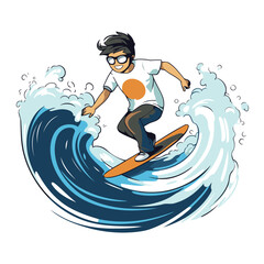 Vector illustration of a young man riding a surfboard on a wave