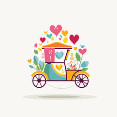 Cartoon carriage with flowers and hearts. Vector illustration in flat style