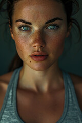 Fototapeta premium A compelling close-up image captures the allure of a fit and attractive woman in a gym setting. Her determined expression and toned features embody the dedication to a healthy and active lifestyle.