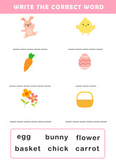 Write the correct word worksheet. Find the correct word for each image. Education game for children with cute easter illustration.