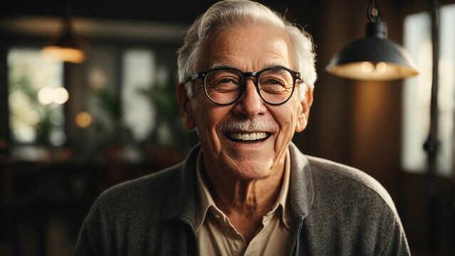 Close-up high-resolution image of a happy grandpa smiling at camera in a photo studio wearing casual outfit with eyeglasses. Ambient lights.