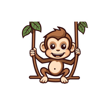 Cute monkey sitting on a swing isolated on white background. Vector illustration.