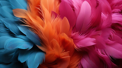 Close up of light fuchsia, azure, apricot luxurious feather background with copying spaces. Generative AI - obrazy, fototapety, plakaty