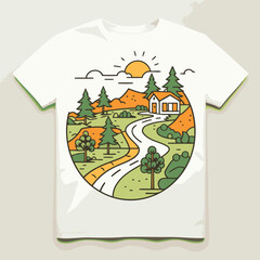 T-shirt print design with the image of a rural landscape. Vector illustration
