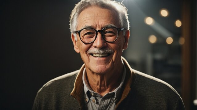 Close-up high-resolution image of a happy grandfather smiling at camera in a photo studio wearing casual outfit with eyeglasses. Ambient lights.