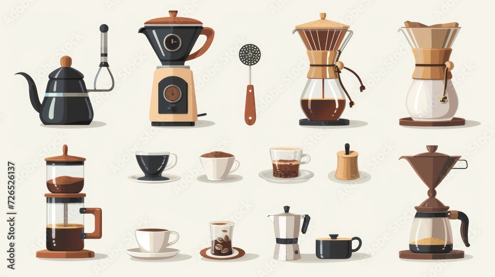 Poster a collection of coffee and espresso machines and accessories on a clean white background. perfect fo