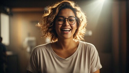 Close-up high-resolution image of a positive young lady smiling at camera in a photo studio wearing casual outfit and shades. Ambient lights. - obrazy, fototapety, plakaty