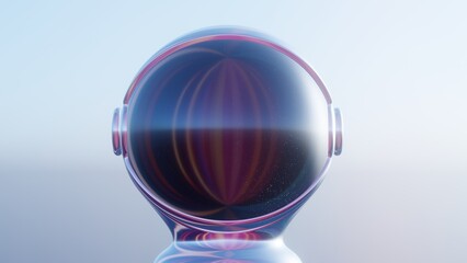 3D astronaut helmet with a holographic interpretation, featuring a sun reflection and diverse colors in a captivating image.