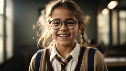 Close-up high-resolution image of a smart student in a modern classroom wearing eyeglasses. Ambient...
