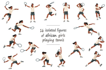 16 girl figures of Nigerian women's tennis players in white sports equipment hitting, throwing, catching the ball, standing, jumping and running