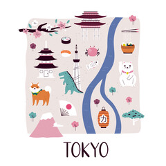 Vector stylized illustrated city map of Tokyo with famous landmarks, places and symbols