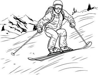 Skiing in the mountains. Black and white vector illustration.