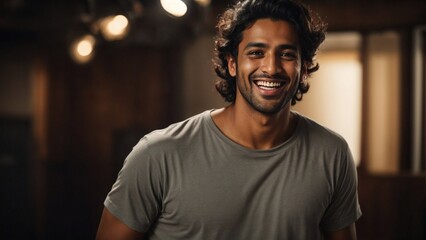 Close-up high-resolution image of a happy Indian man smiling to camera, wearing casual outfit in a photo studio. Ambient lights.
