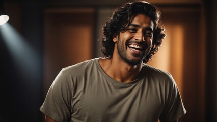 Close-up high-resolution image of a joyful middle eastern man smiling to camera, wearing casual outfit in a photo studio. Ambient lights.