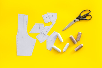 Sewing patterns and tailors accessories, top view. Sewing dress workshop