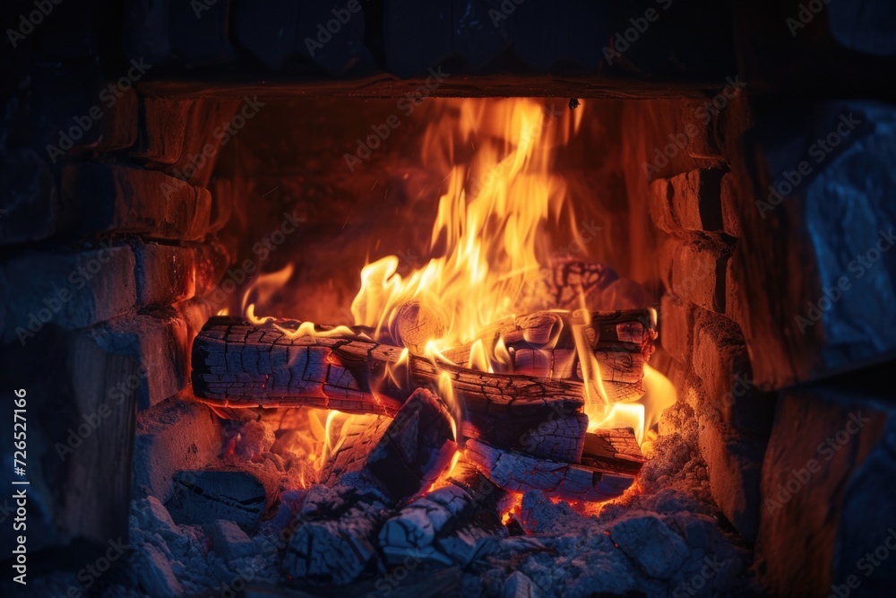 Poster a fire burns in a stone fireplace, creating a warm and cozy atmosphere. perfect for adding a touch o