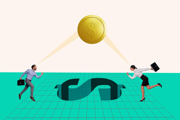 Artwork collage image of two excited mini people run dollar symbol coin light instead sun isolated on painted background