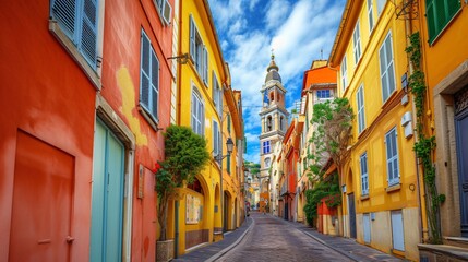 Beautiful vibrant street design and cathedral scenery tourist spot in the French riviera region of France. - obrazy, fototapety, plakaty