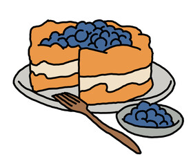 Sweet dessert cake with fruits for celebration birthday party or wedding, tasty breakfast. For cafe, restaurant menu print, postcard or poster. Hand drawn illustration. Cartoon style line art drawing.