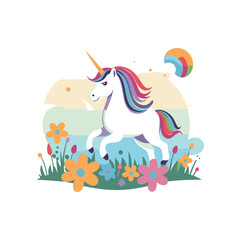 Unicorn in the meadow with flowers. Vector illustration in flat style.