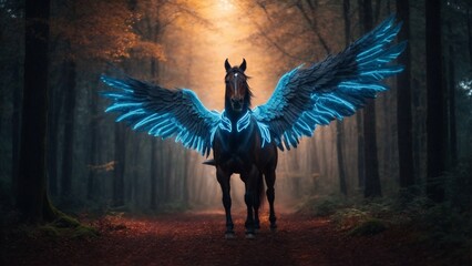 Close-up high-resolution image of a majestic pegasus spreading her wings in a magical forest. Ambient lights.