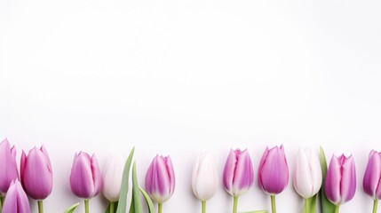 Colorful tulips on the white background. Spring Romance Banner