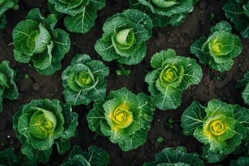 Lush Green Cabbage Patch in Rich Soil - obrazy, fototapety, plakaty