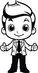 Boy Showing Thumbs Up - Black and White Cartoon Illustration. Vector