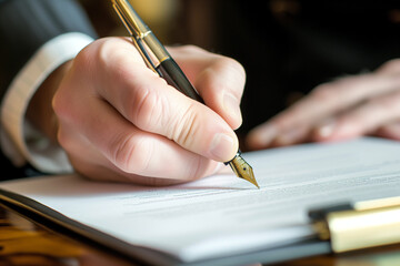 Close-up of Hand Signing Important Document with a Fountain Pen