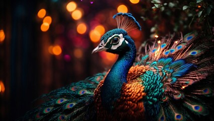 Close-up high-resolution image of a majestic and colorful peafowl. Ambient lights.