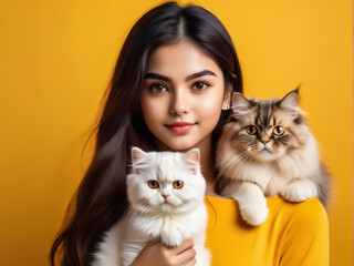 A captivating image capturing the essence of a young girl with an adorable persian cat, set against a vibrant yellow backdrop.