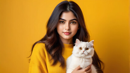 A captivating image capturing the essence of a young girl with an adorable persian cat, set against a vibrant yellow backdrop.