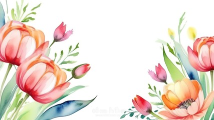 Watercolor tulips flowers frame easter womans day mothers card template background banner spring - obrazy, fototapety, plakaty