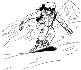 Snowboarder jumping in the mountains. Vector black and white illustration.