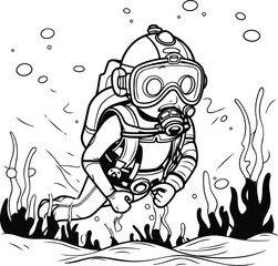 Scuba diver in the sea. black and white vector illustration.