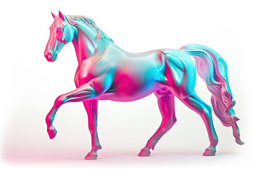A pink and blue horse standing on its hind legs.