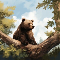 Brown Bear Sitting on Top of Tree Branch - obrazy, fototapety, plakaty