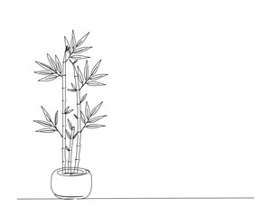 Continuous one line drawing of  bamboo plant in a pot. Bamboo in a pot single outline vector illustration. Editable stroke.