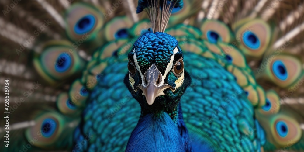 Wall mural A close-up view of a peacock's head with its vibrant feathers spread out. Perfect for nature enthusiasts or for adding a touch of elegance to any project