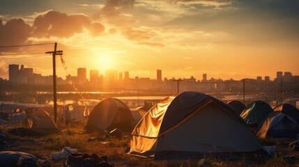 Fototapeta na wymiar Refugee camp tents. Neural network AI generated art