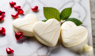romantic heart shape white chocolate on a marble tabletop, valentine, anniversary, birthday and wedding sweets