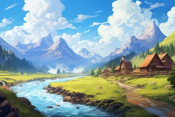 A Painting of a Mountain Landscape With a River Running Through It