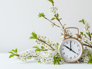 Clock on table, adorned with spring branches, against white background.