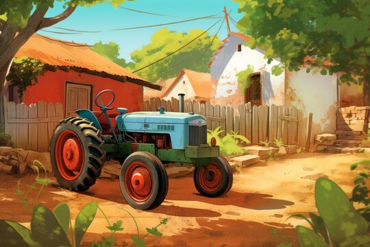 A Painting of a Tractor Parked in Front of a House